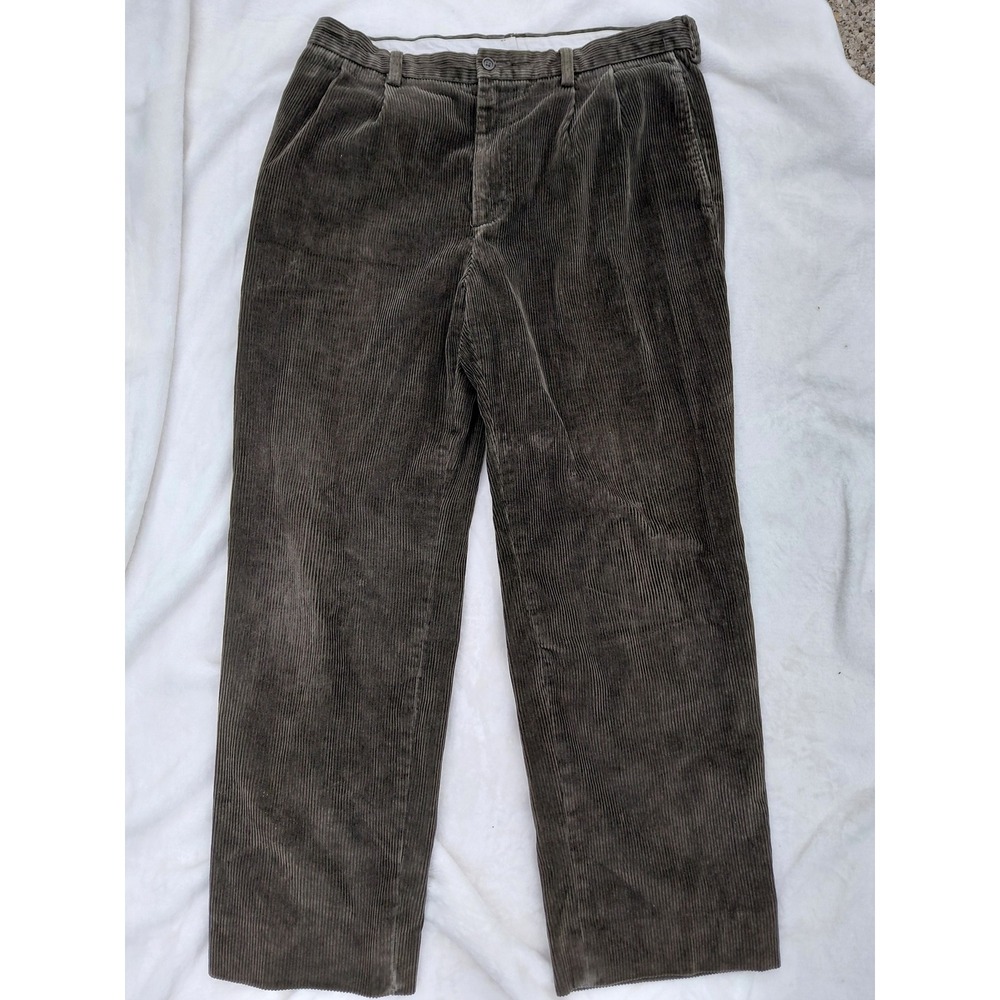 Brooks Brothers Mens Pleated Corduroy Pants Straight Leg Olive Brown 33x26.5